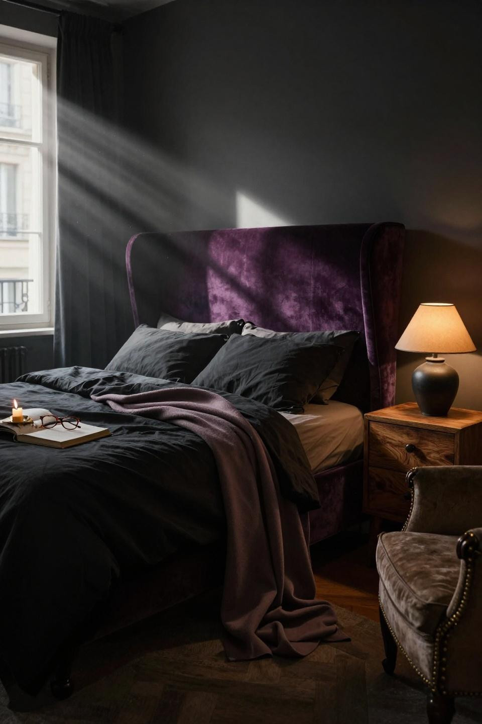Dark Moody Bedroom Ideas - sculptural wingback headboard deep plum velvet