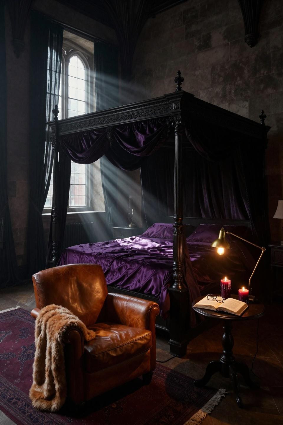 Earthy Moody Bedroom - hand-carved ebonized walnut four-poster canopy bed