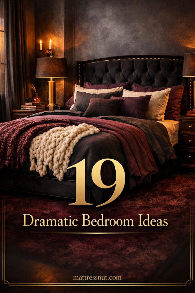 Dark walls, plush velvet bedding, warm candlelight glow, layered textiles, and intimate atmosphere in a moody bedroom