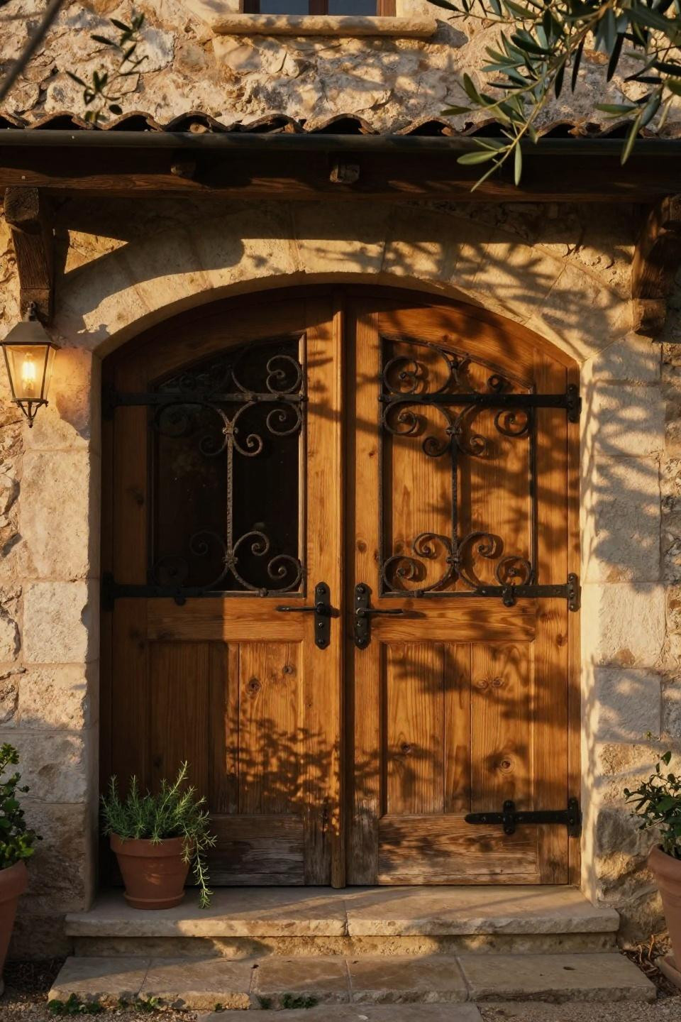 arched double entry doors with hand-forged wrought iron scrolls in honey oak set into provencal limestone facade