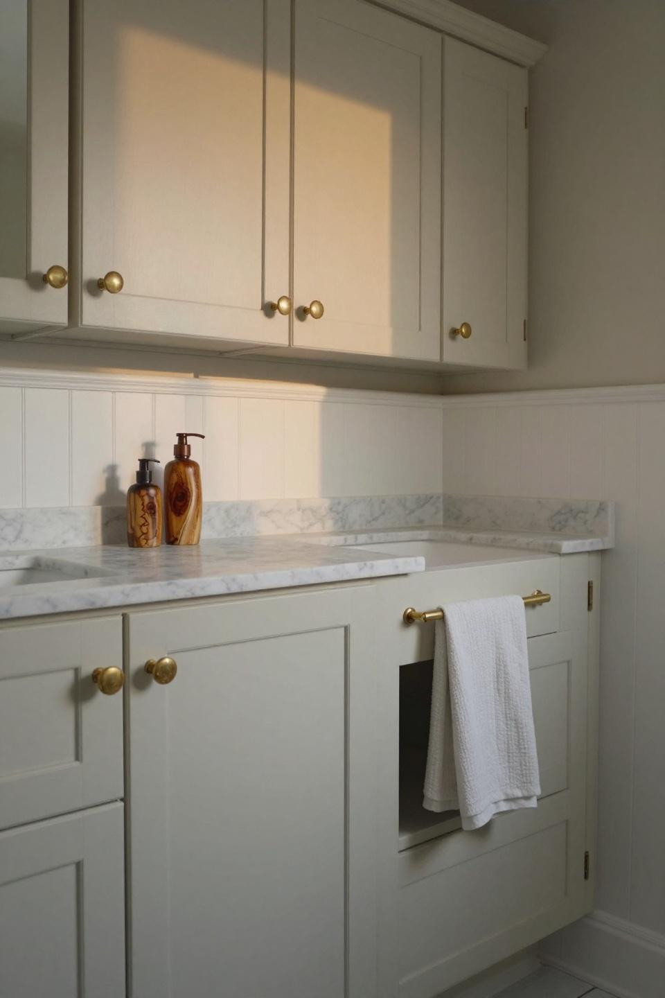 sage cream shaker bathroom cabinets with white wainscoting unlacquered brass hardware and carrara marble countertop