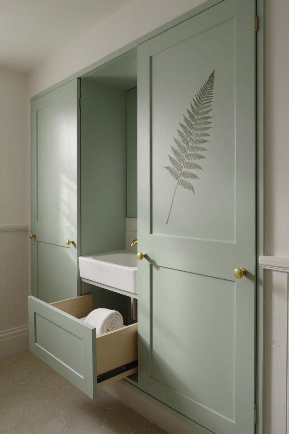 sage green bathroom cabinets with venetian plaster finish mirror fronts and cerused white oak wainscoting