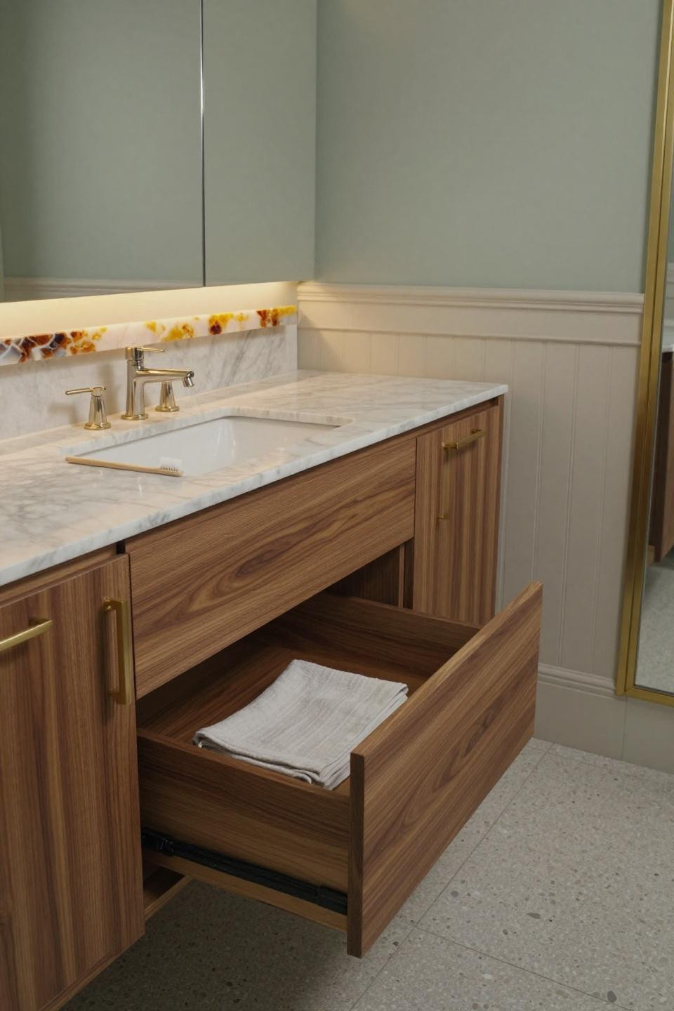 sage green bathroom cabinets with floating walnut vanity brass hardware and backlit onyx shelf edges