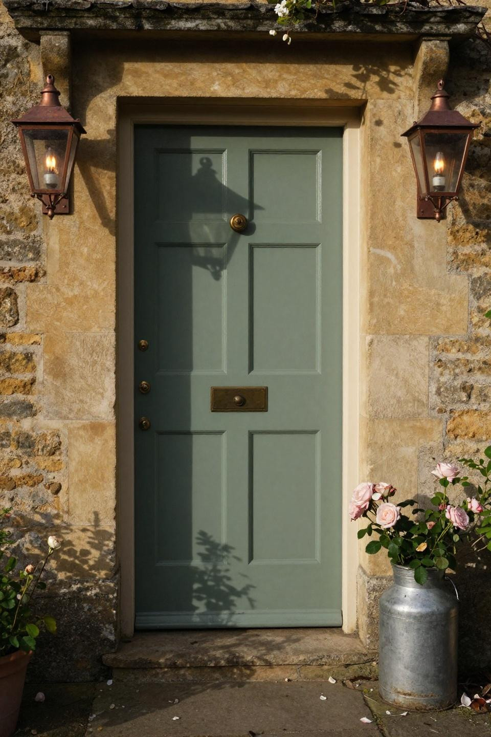 sage green painted front door with copper gas lanterns and climbing jasmine on cotswolds stone cottage facade