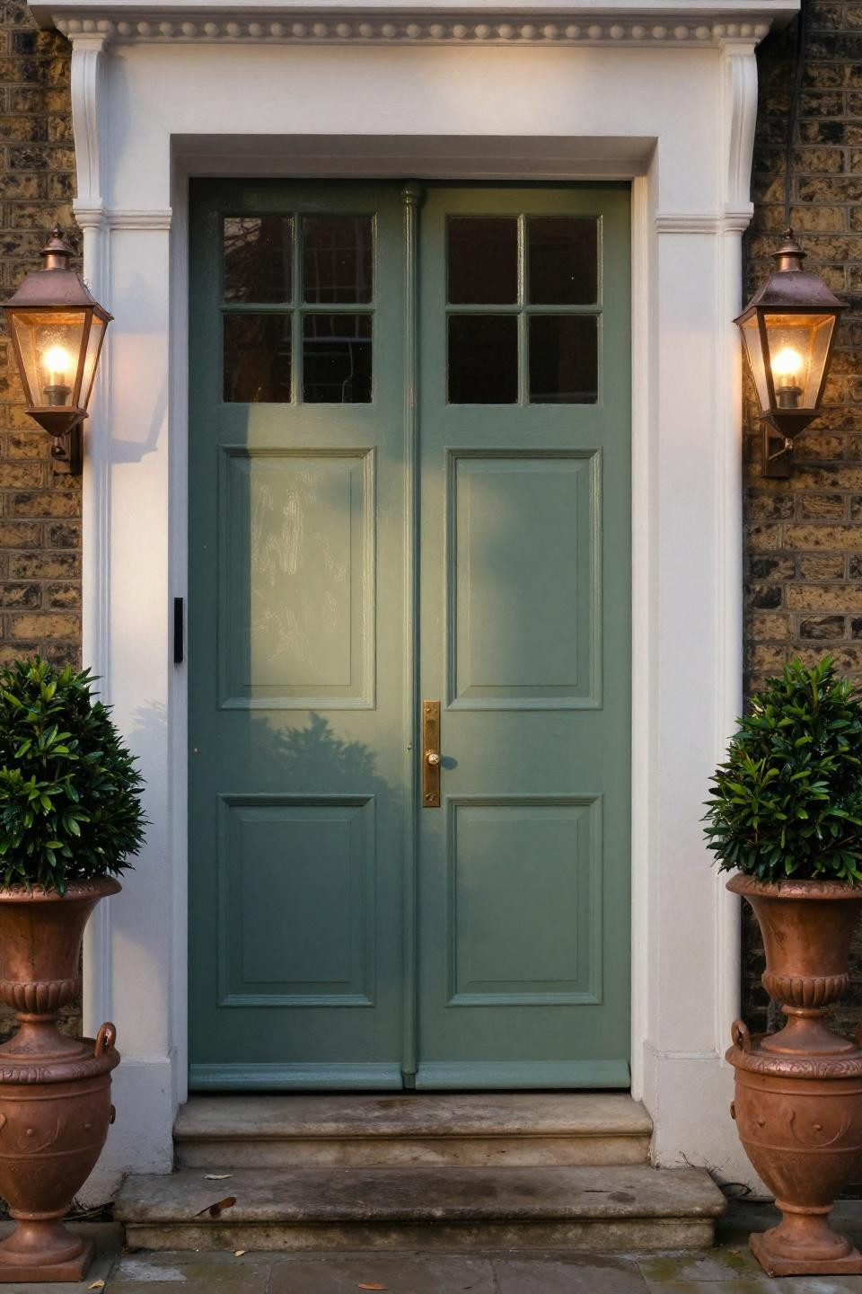 french doors with divided lights painted farrow and ball vert de terre sage green on london georgian townhouse