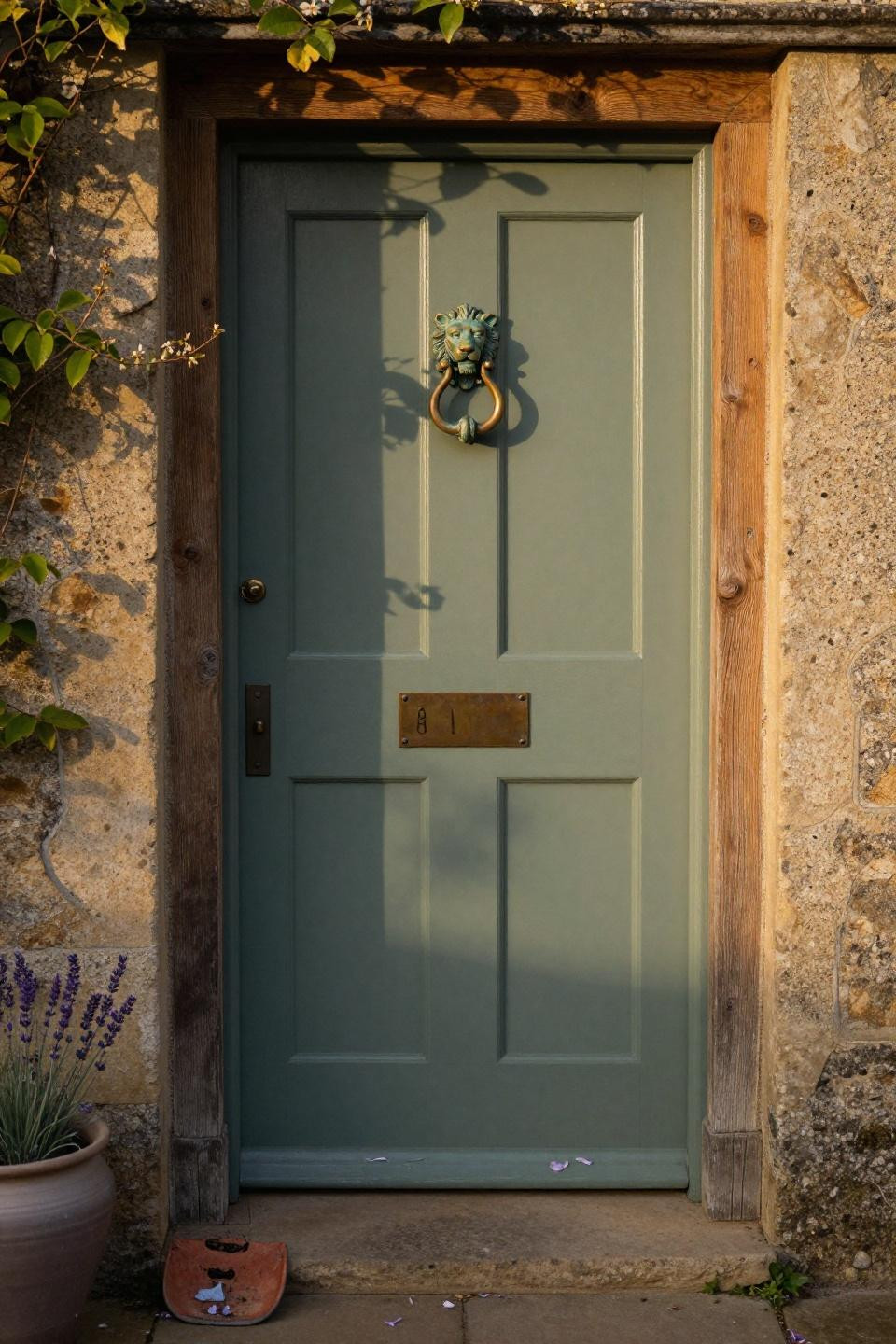 sage green front door with antique georgian brass lion knocker set in cotswold stone manor entrance