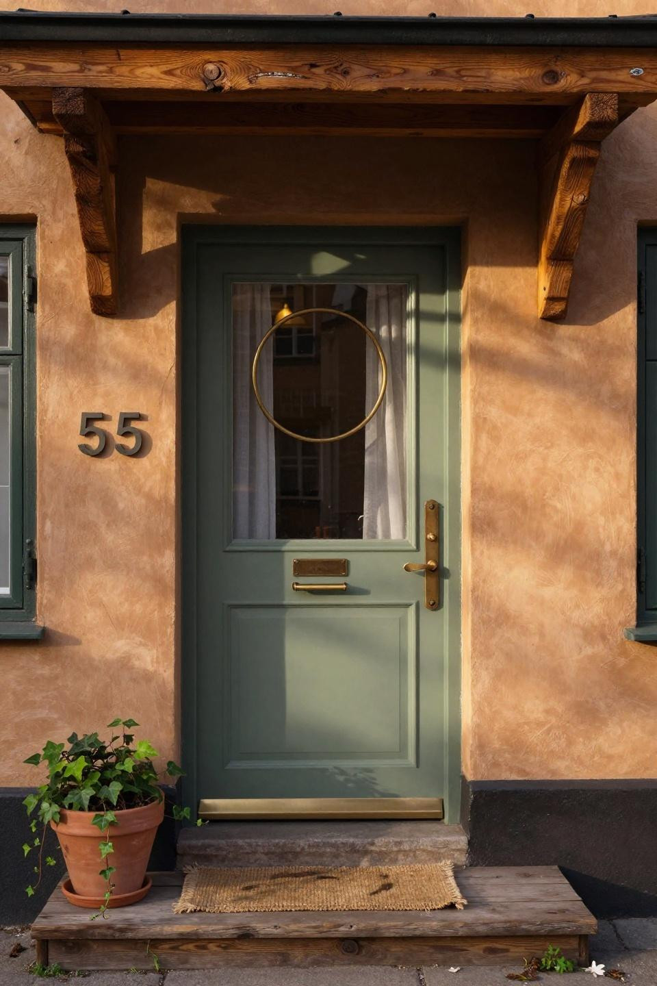 scandinavian honey oak front door with round porthole window and sage green trim in copenhagen townhouse