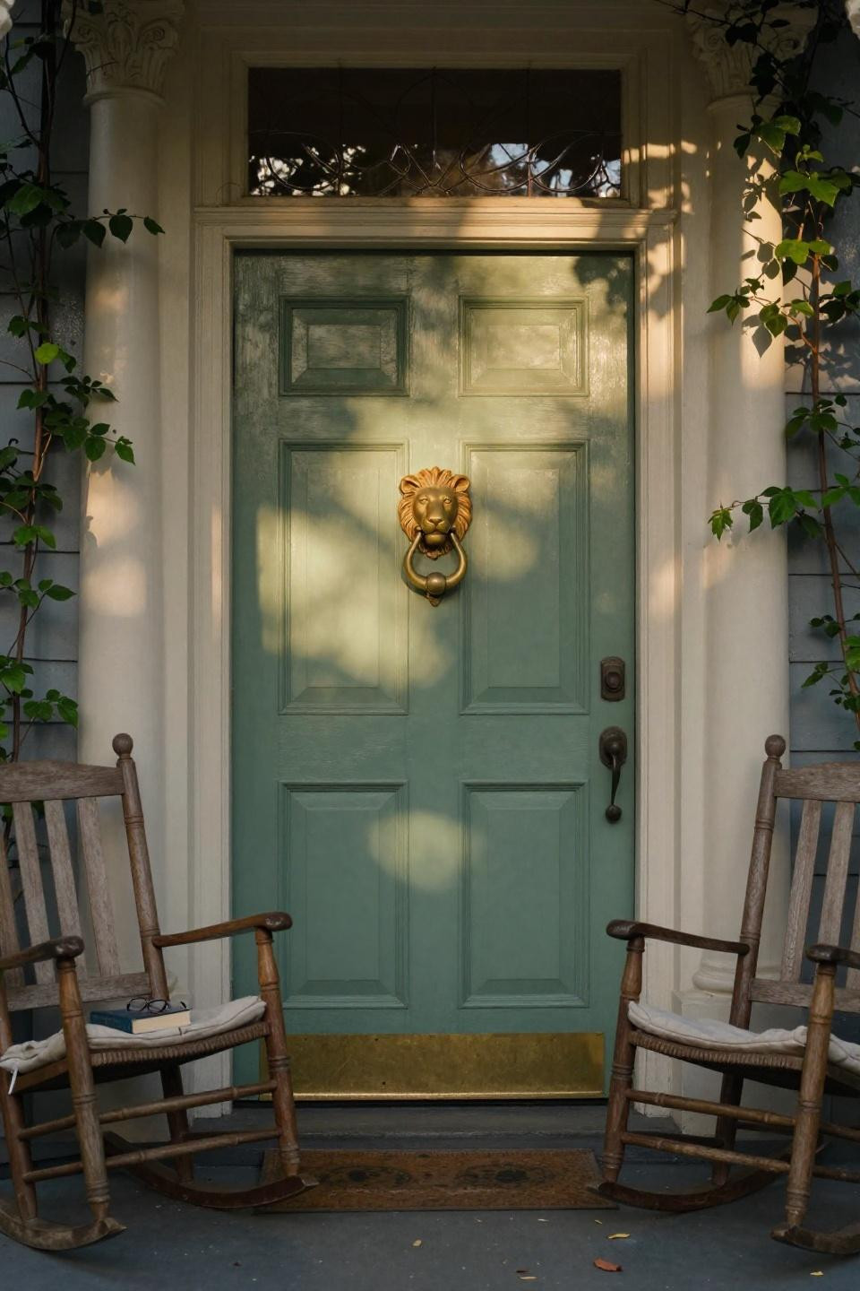 federal-style sage green paneled front door with unlacquered brass lion door knocker on charleston mansion porch