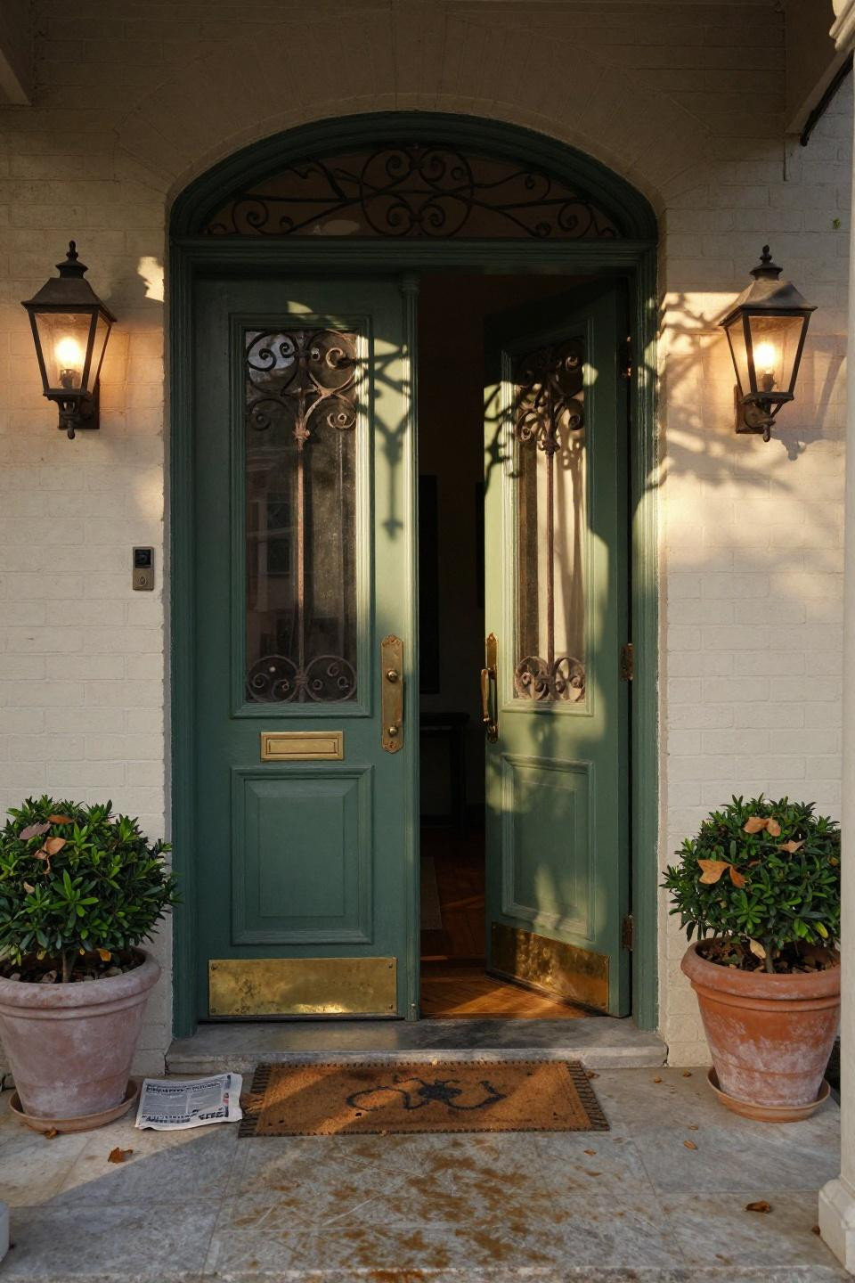 arched double front doors painted deep sage green with brass hardware on charleston historic townhouse