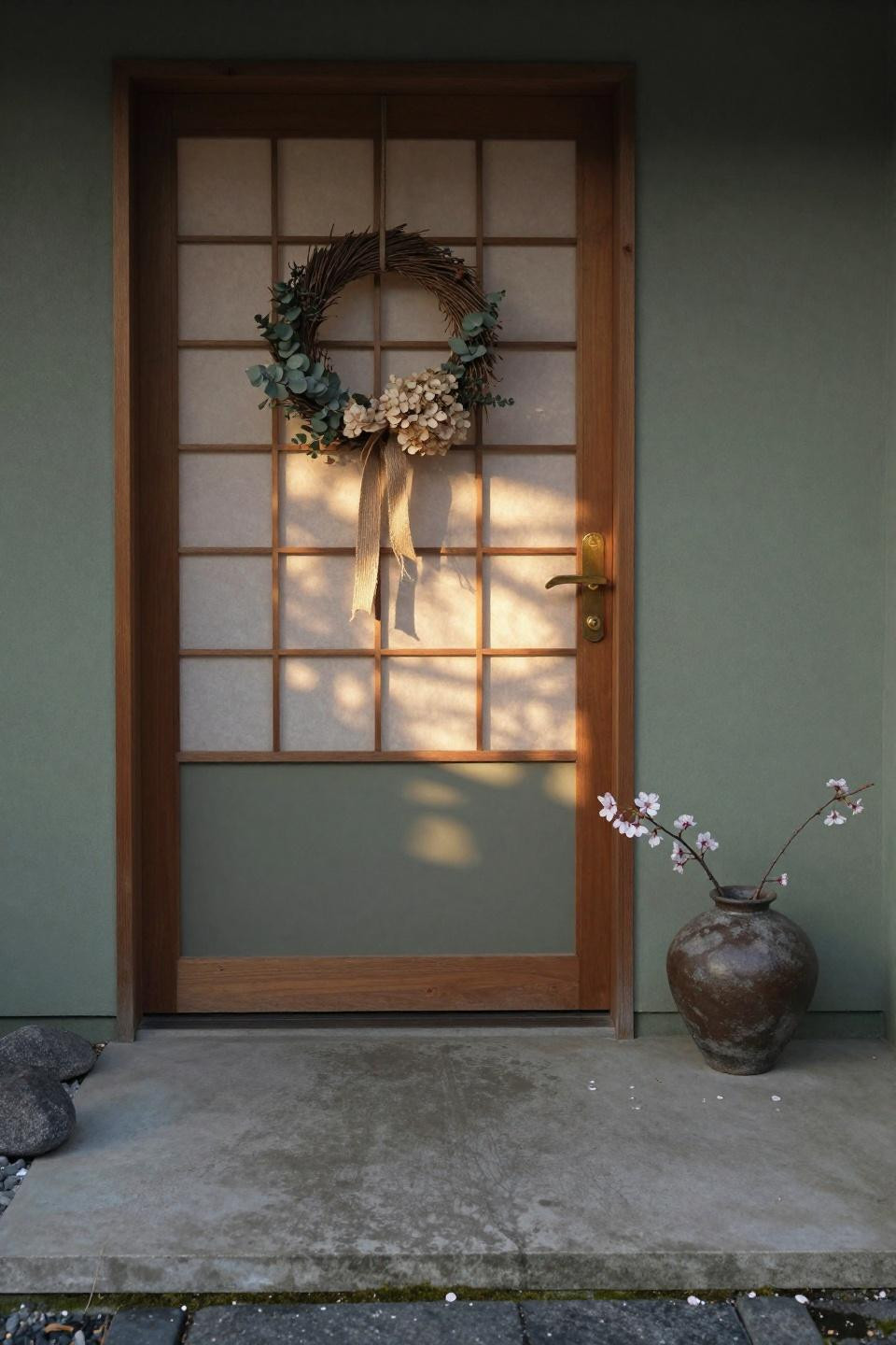 japanese shoji sliding screen door painted sage green with rice paper panels on concrete pathway