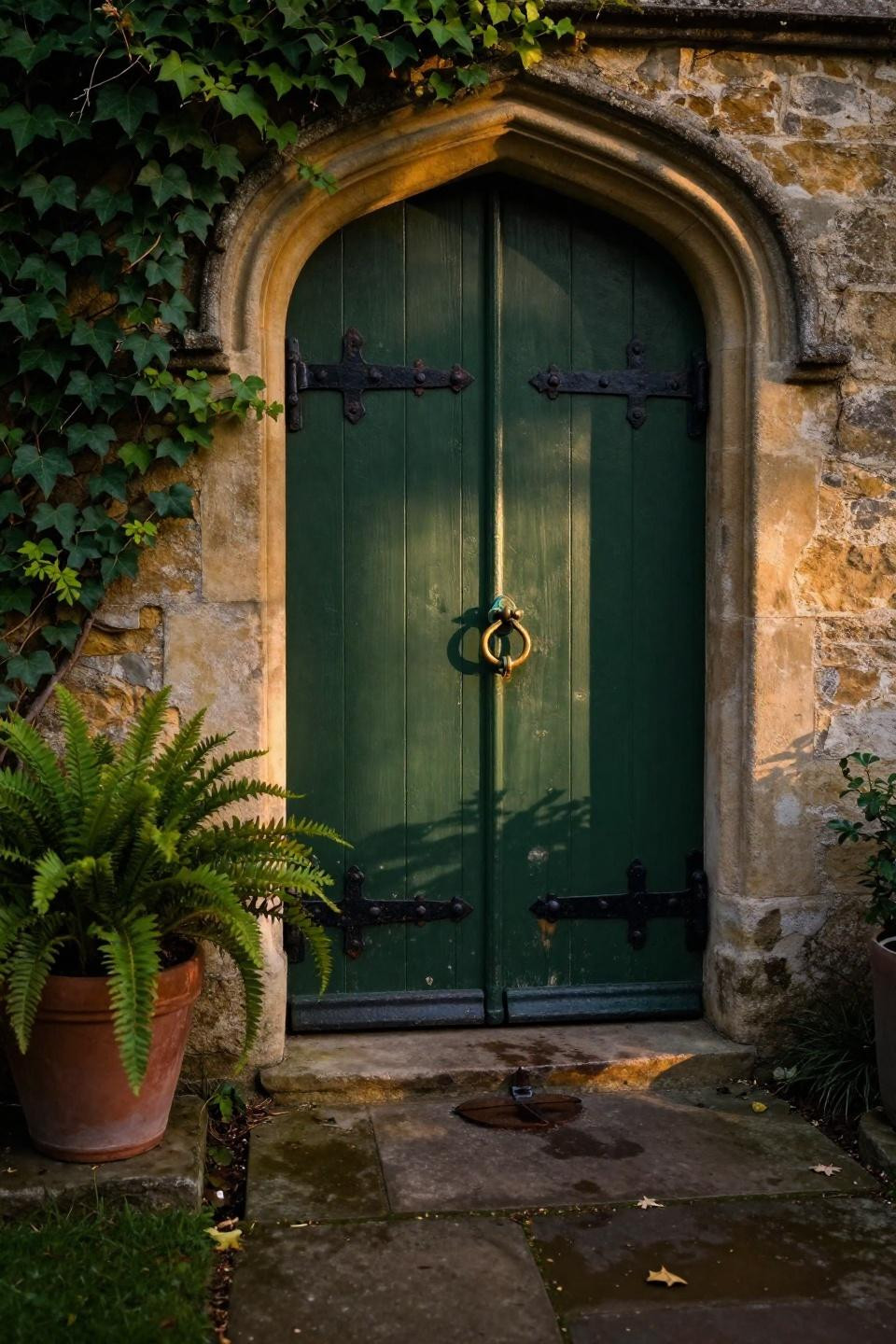 massive arched oak door painted forest sage green with hand-forged iron clavos on cotswolds stone manor