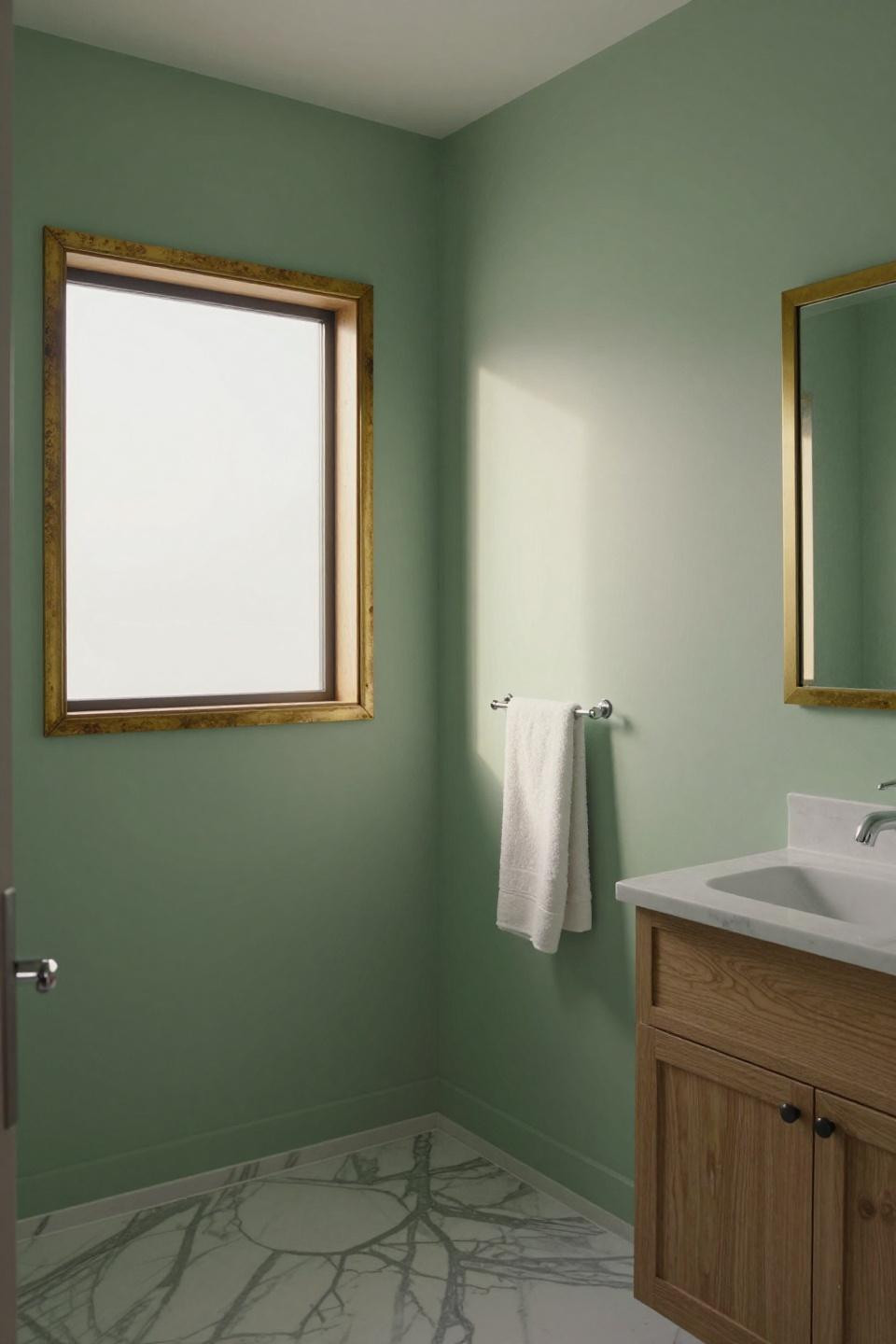 luminous sage green master bathroom paint dominating four walls with unlacquered brass mirror and natural wood cabinetry