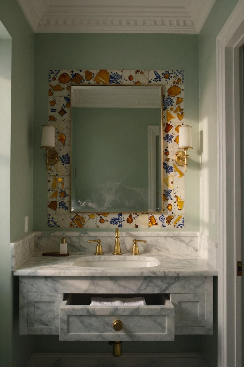 sage-green master bathroom paint with venetian plaster embedded with 18th-century persian tile fragments and brass fixtures