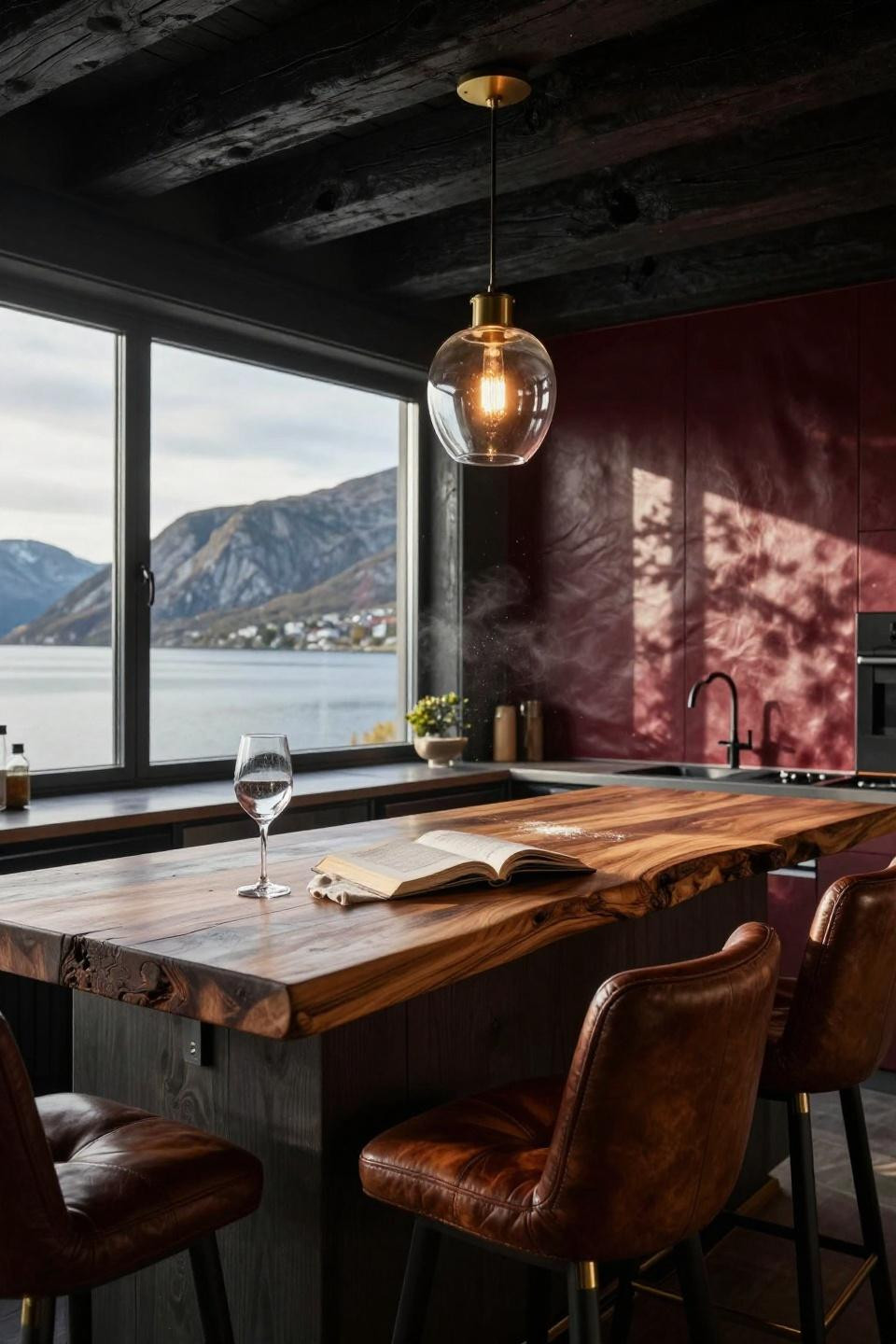 scandinavian barn house kitchen bar with walnut countertop cognac leather stools and burgundy leather wall panels near steel windows