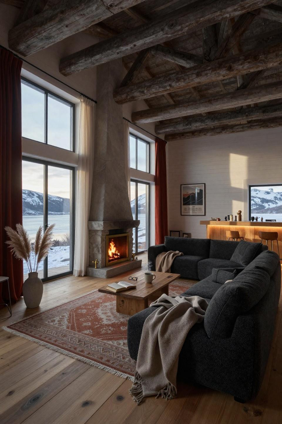 scandinavian barn house living room with monolithic limestone fireplace charcoal boucle sectional and exposed douglas fir beams