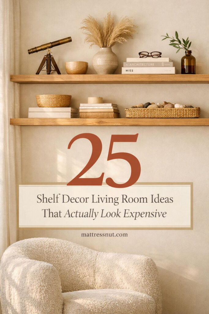 Elegant living room floating shelves styled with ceramic vases, books, greenery, and decorative objects in neutral tones