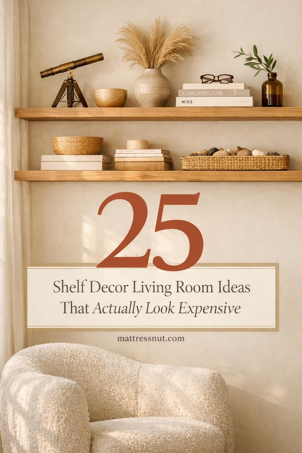 Elegant living room floating shelves styled with ceramic vases, books, greenery, and decorative objects in neutral tones