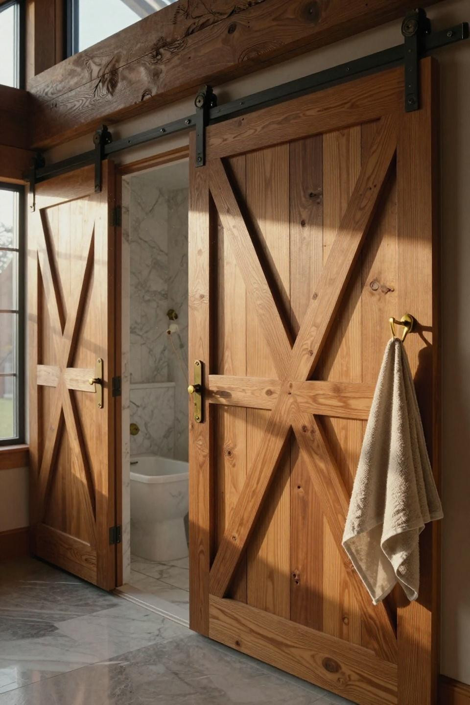 double sliding barn doors with hand-carved x-pattern bracing in reclaimed oak with unlacquered brass hardware