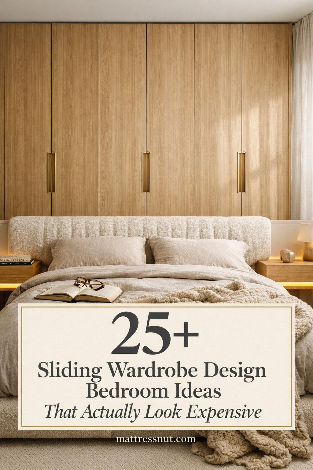 Modern bedroom featuring floor-to-ceiling sliding wardrobe with mirrored panels, soft neutral tones, and minimalist decor