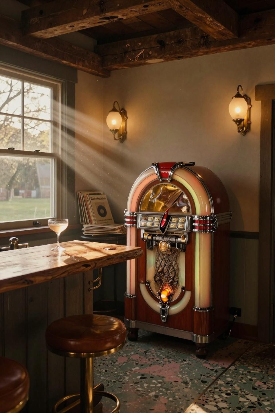 vermont barn bar lounge with cherry red wurlitzer jukebox and terrazzo flooring in sage green and blush