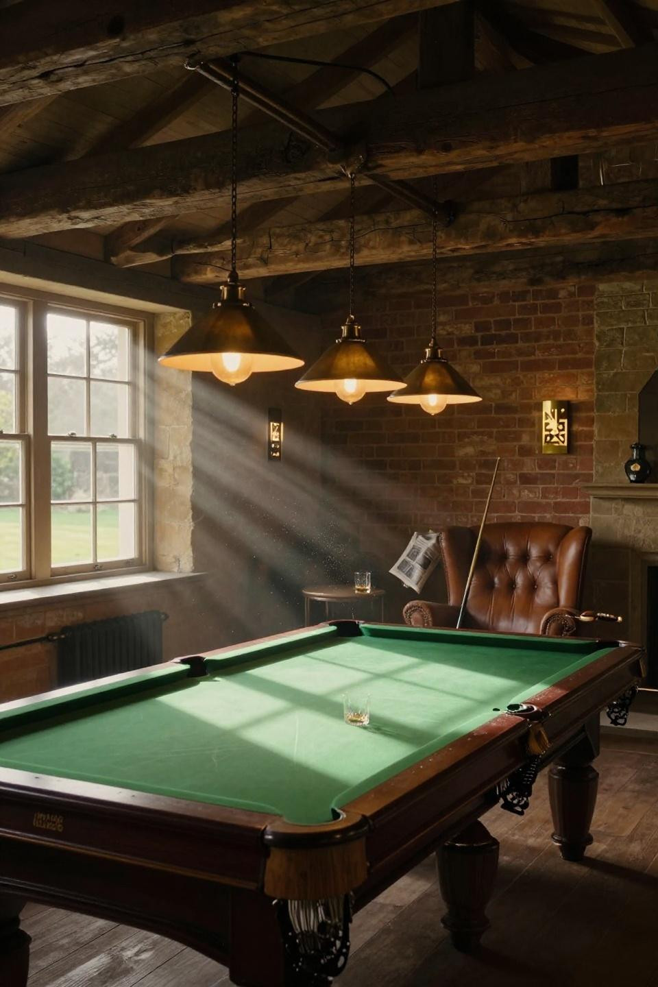 cotswolds barn game room with brunswick pool table in forest green felt and art deco brass pendants