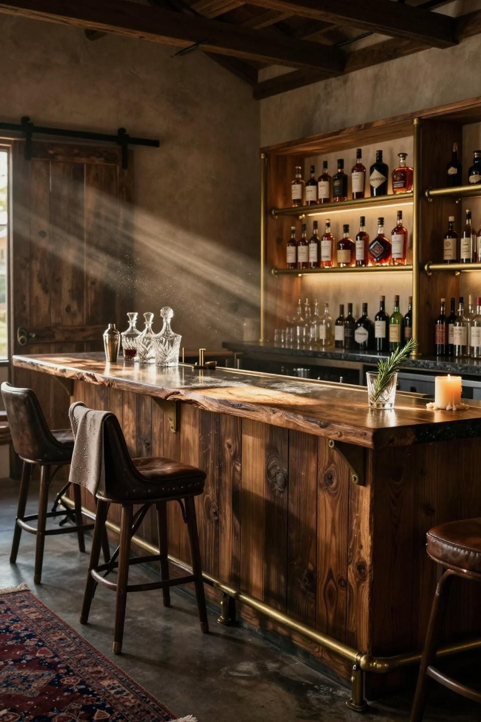 napa barn home bar with reclaimed smoked oak counter and unlacquered brass pipe shelving displaying premium spirits