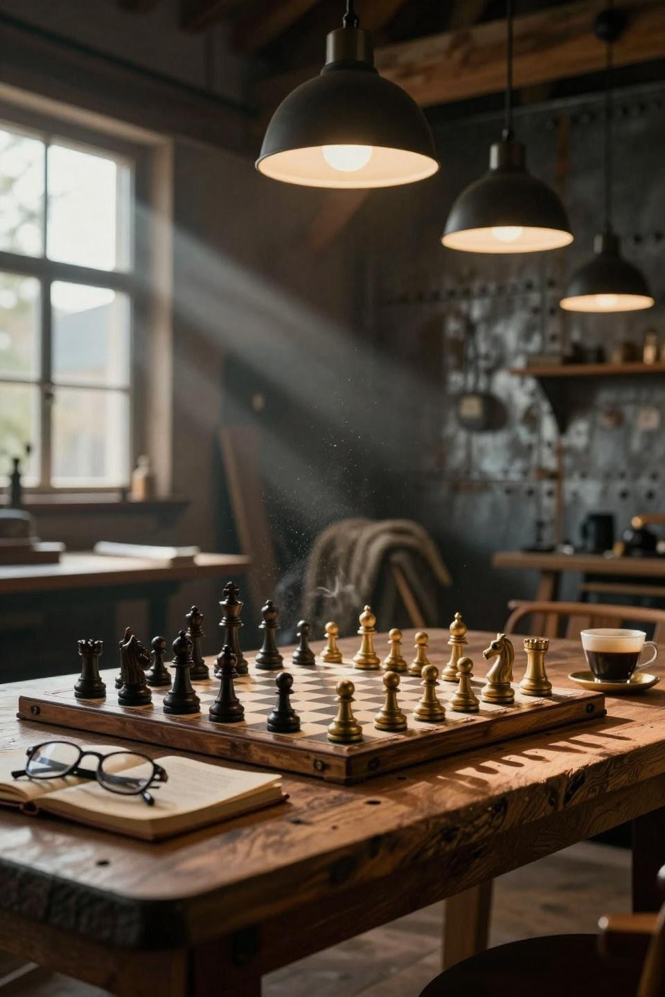 barn loft chess table with brass and oak pieces under matte black globe pendants and riveted steel panels