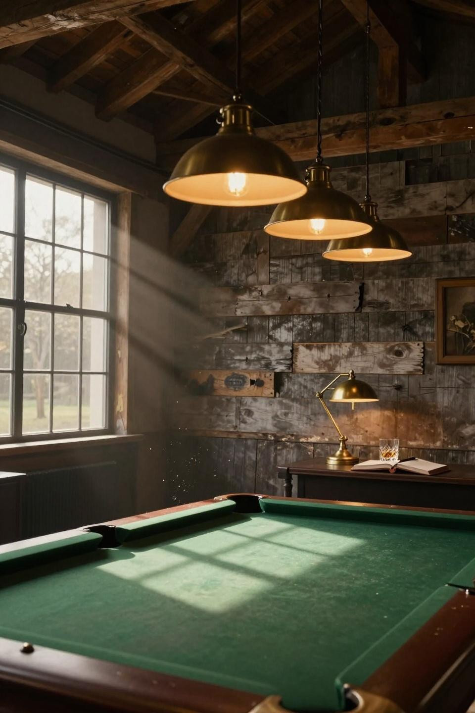 barn pool table with forest green felt under brass pendant lights and weathered oak accent wall