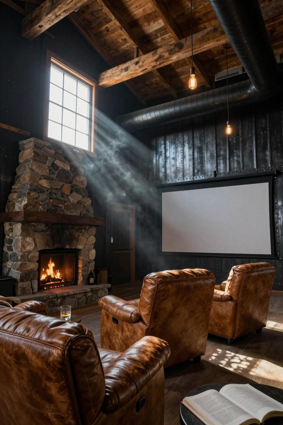 montana barn home theater with leather recliners facing stone fireplace and blackened steel panels