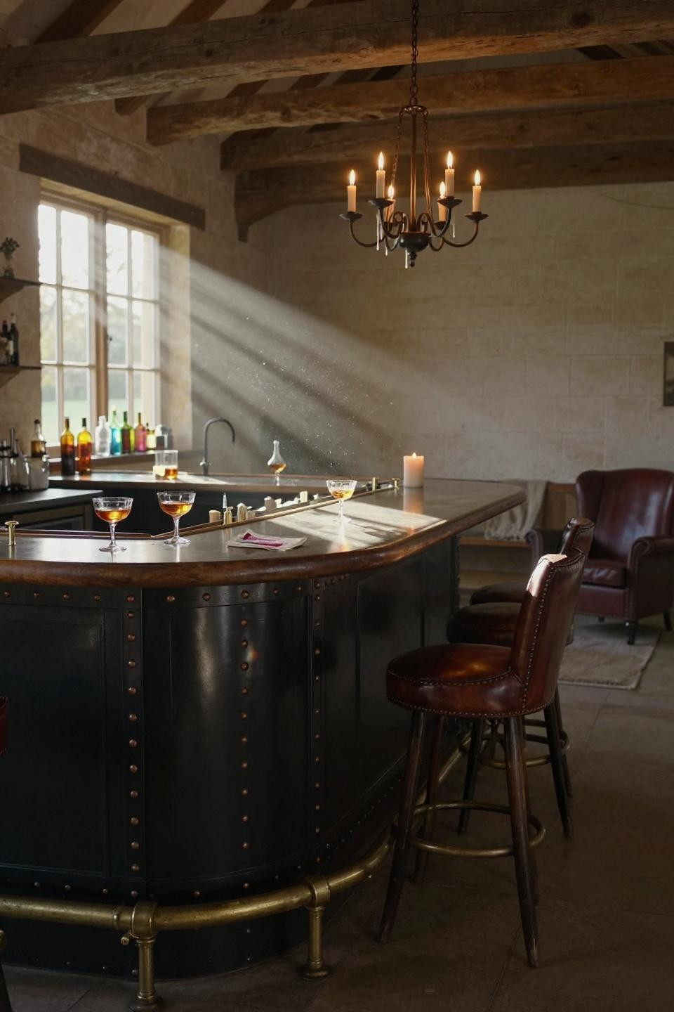 cotswolds barn art deco bar with curved blackened steel counter and brushed bronze rivets under iron chandelier