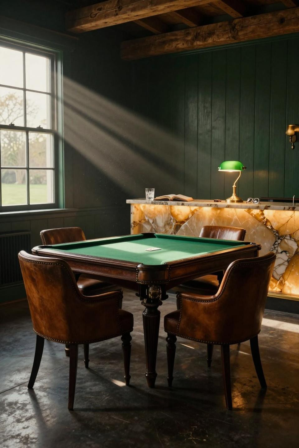 english barn game room with backlit translucent honey-amber onyx bar panel and forest green baize card table