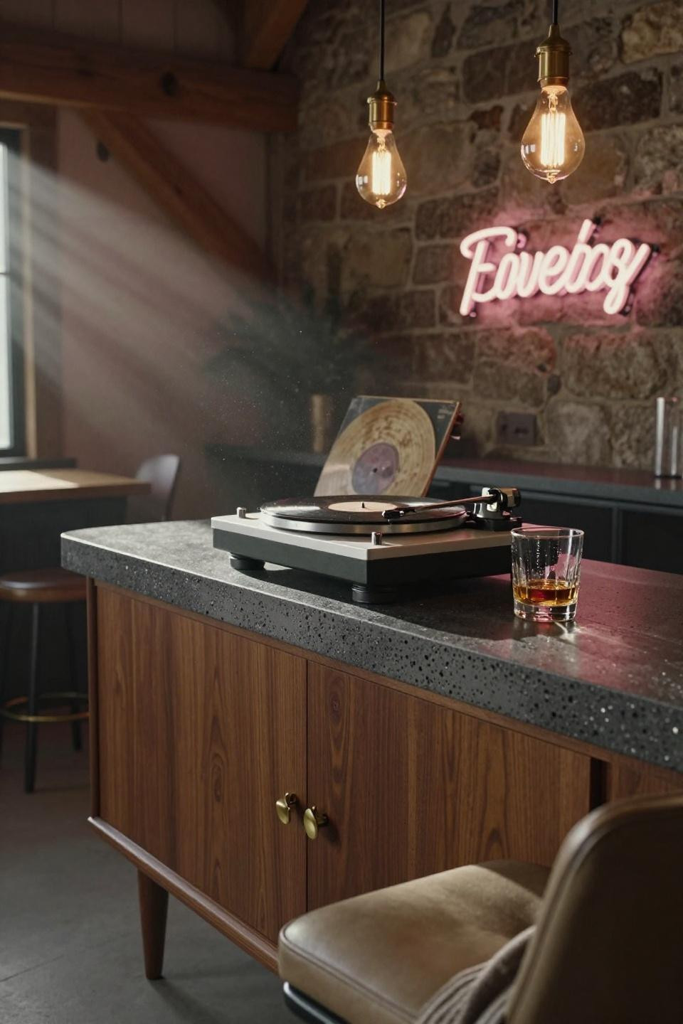 pennsylvania barn entertainment corner with vintage thorens turntable on walnut credenza and concrete bar counter
