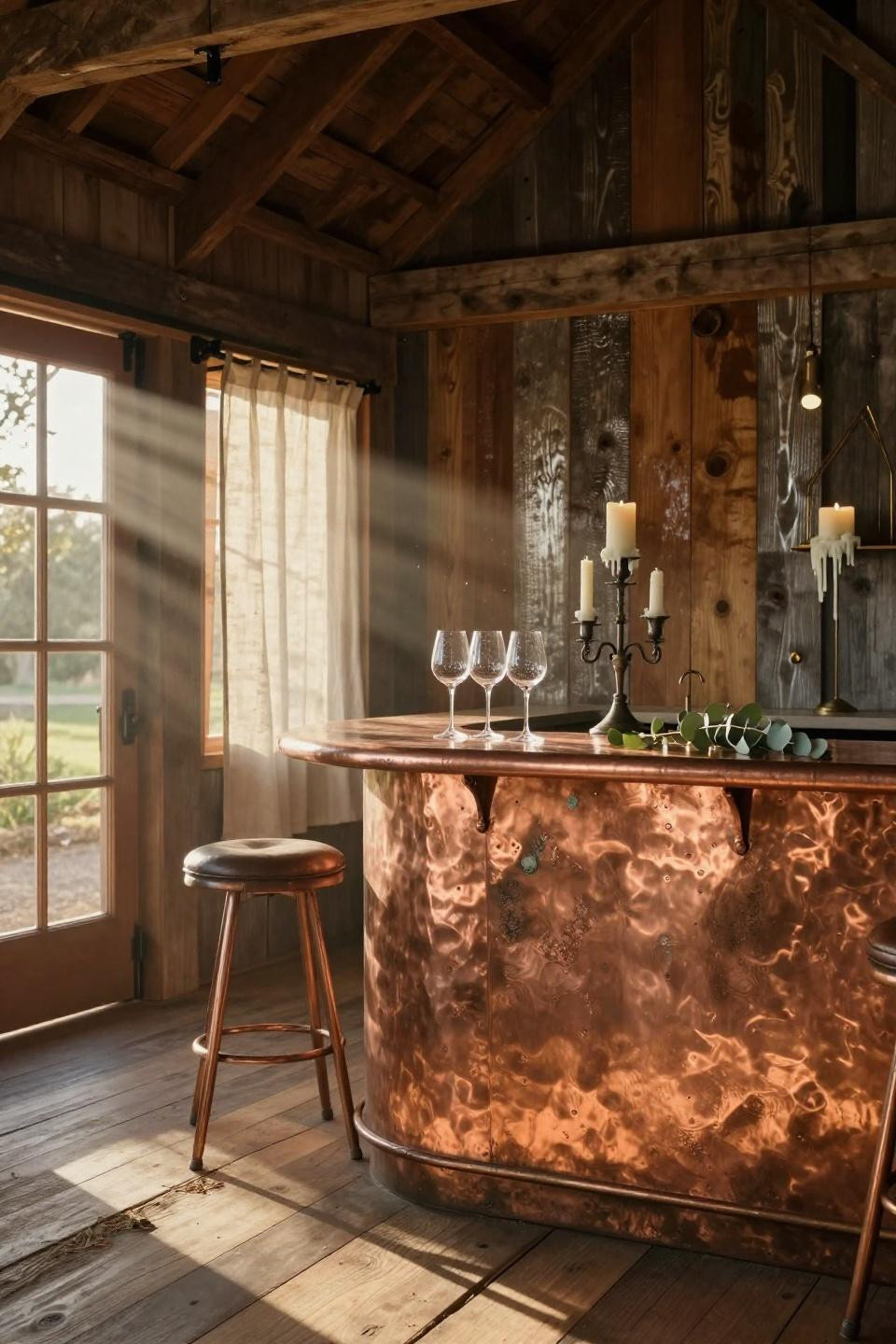 sonoma barn interior with hand-hammered copper bar island and weathered barnwood accent wall under hayloft windows