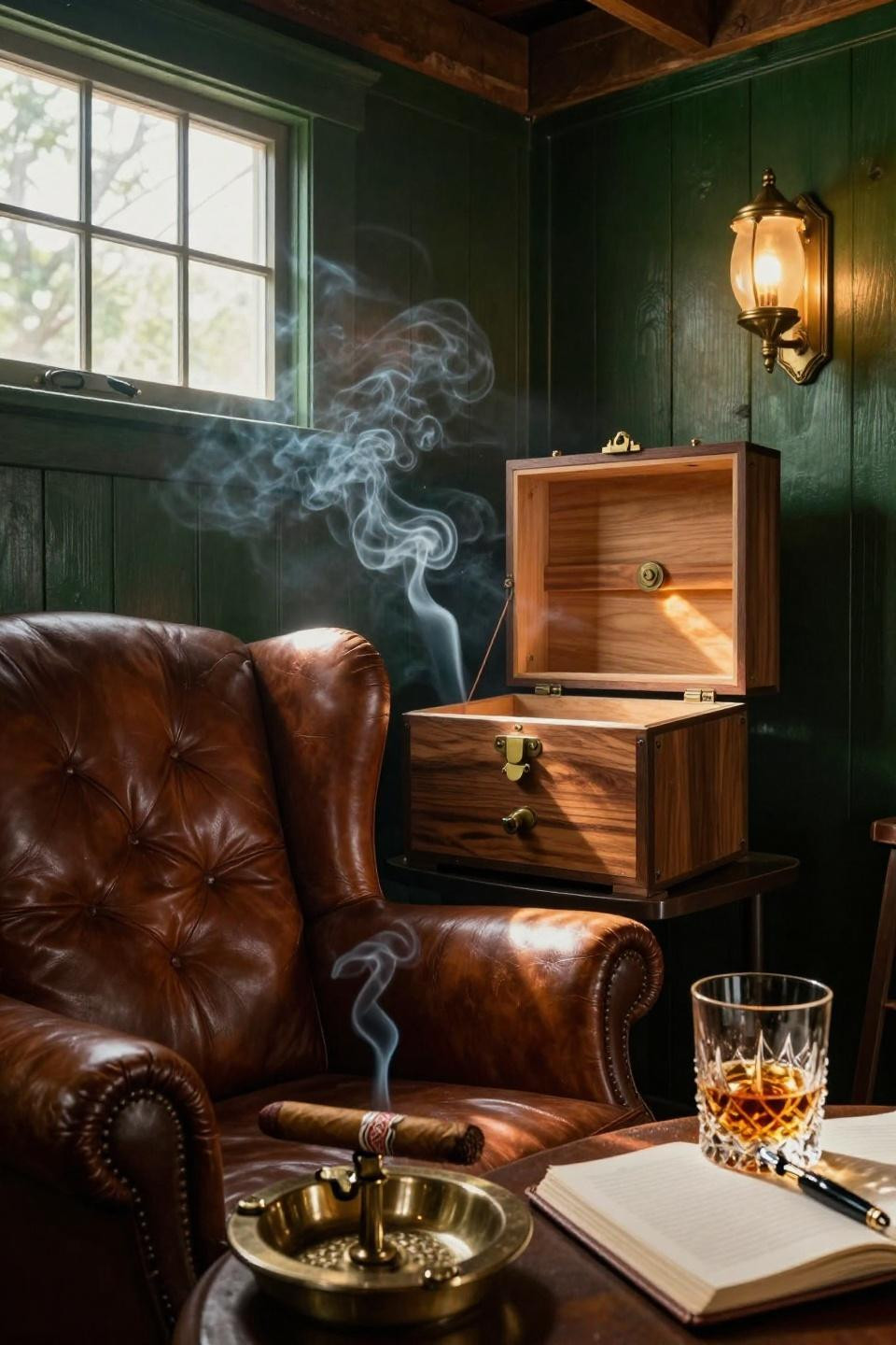 napa barn cigar lounge with forest green tongue-and-groove wainscoting and unlacquered brass wall sconces