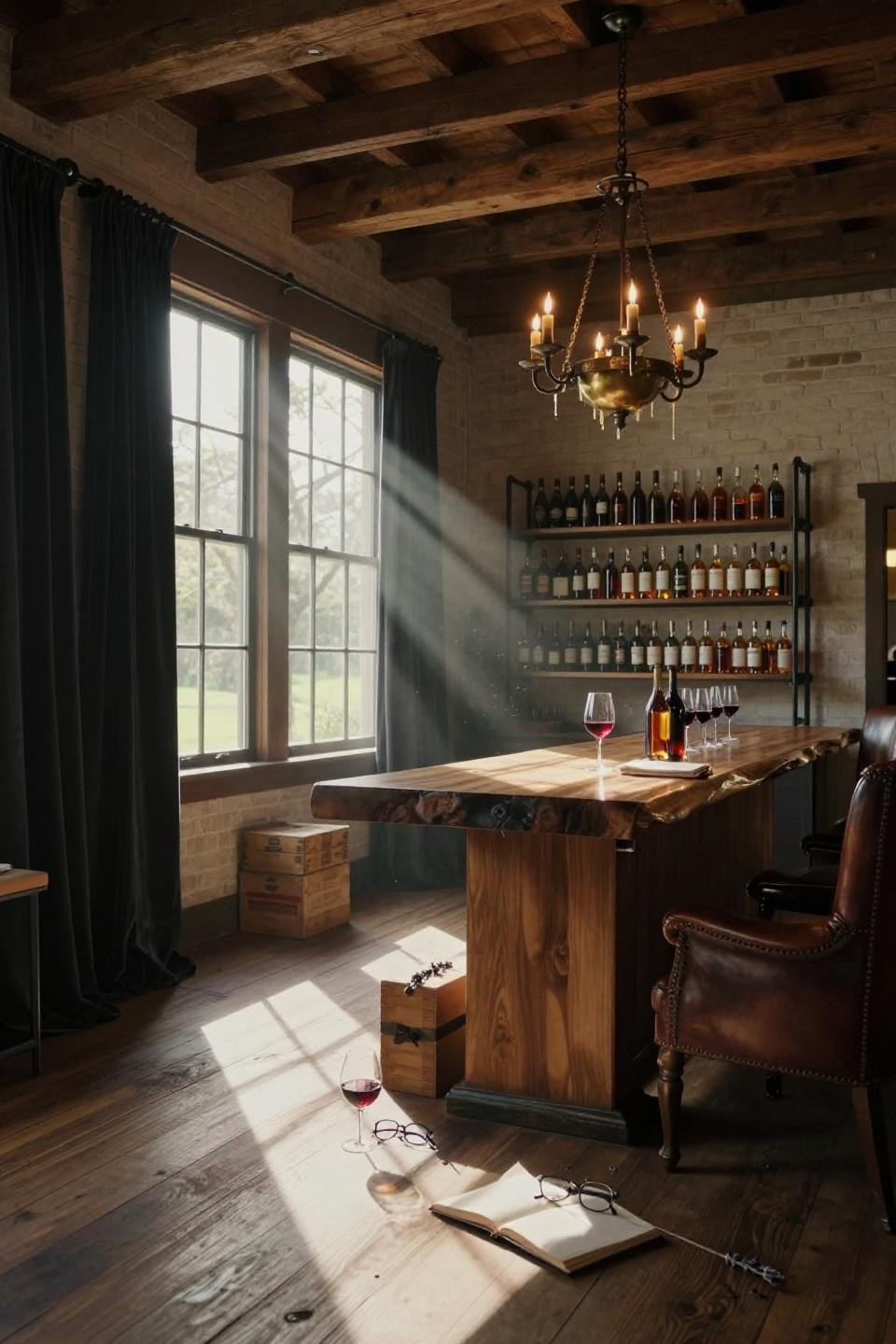 napa barn tasting room with live-edge walnut bar and charcoal velvet drapery framing steel windows