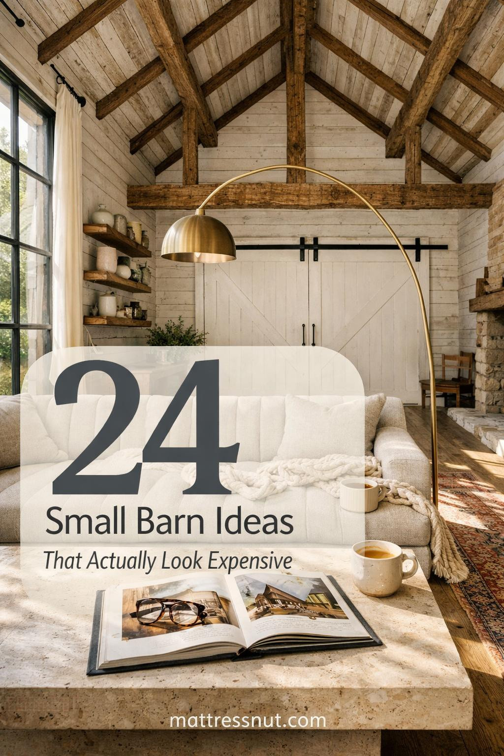 Rustic small barn exterior featuring weathered wood siding, modern black metal roof, large sliding doors, and manicured landscaping