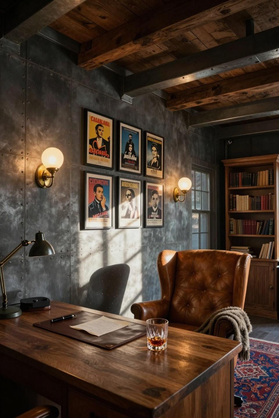 catskills barn art deco study with riveted gunmetal panels displaying vintage casablanca and metropolis movie posters