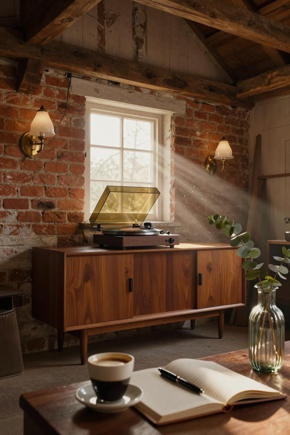 small barn interior with walnut credenza and brass record player against whitewashed timber walls