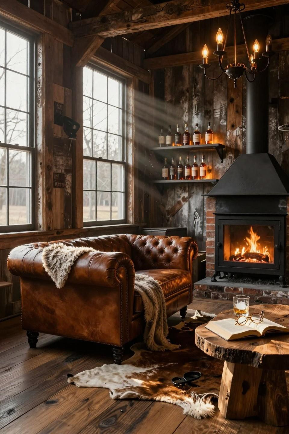 vermont barn lounge with reclaimed 200-year-old barnwood accent wall and cognac leather chesterfield under fireplace glow