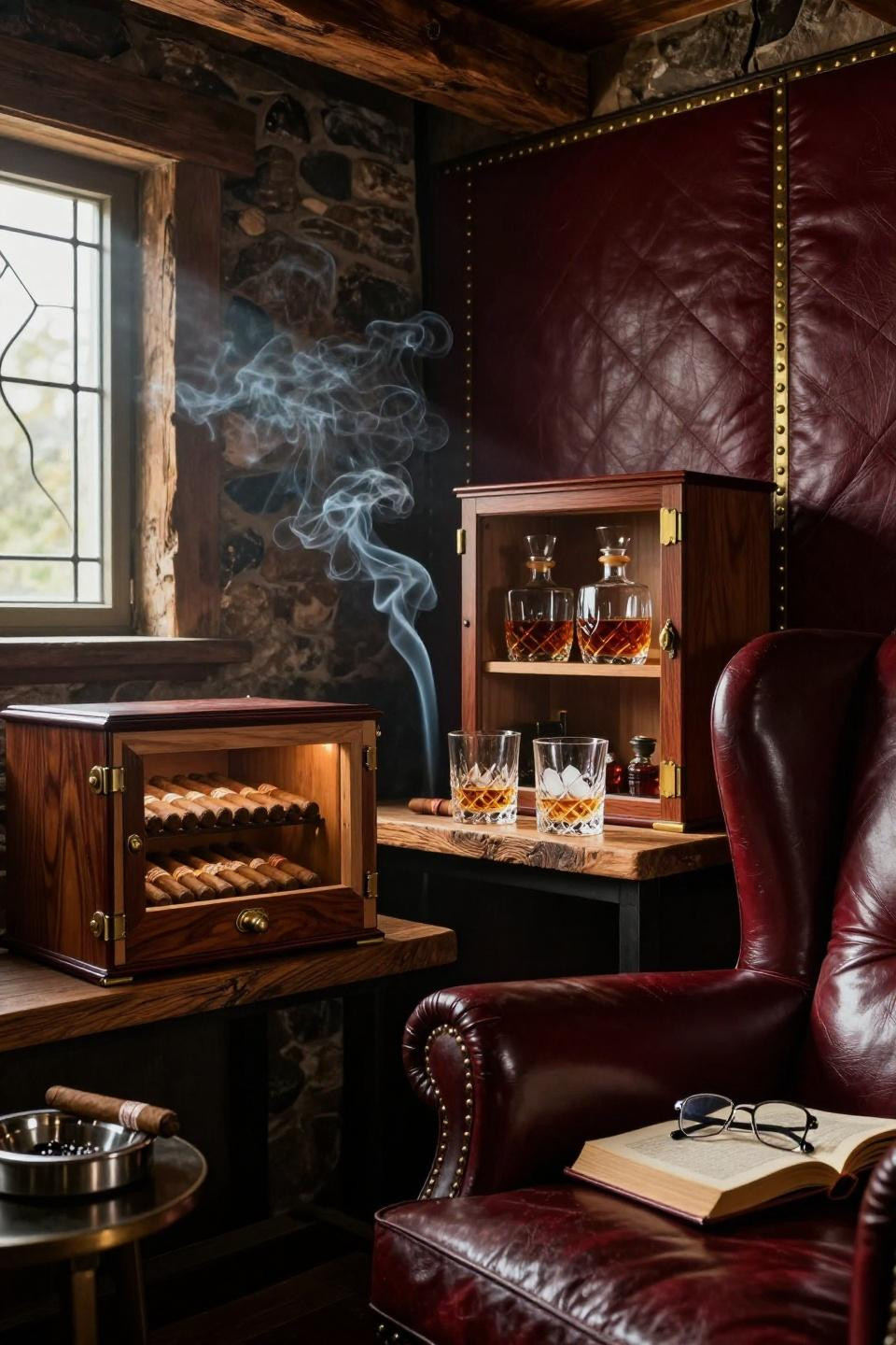 connecticut barn cigar lounge with spanish cedar humidor and burgundy quilted leather walls with brass studs