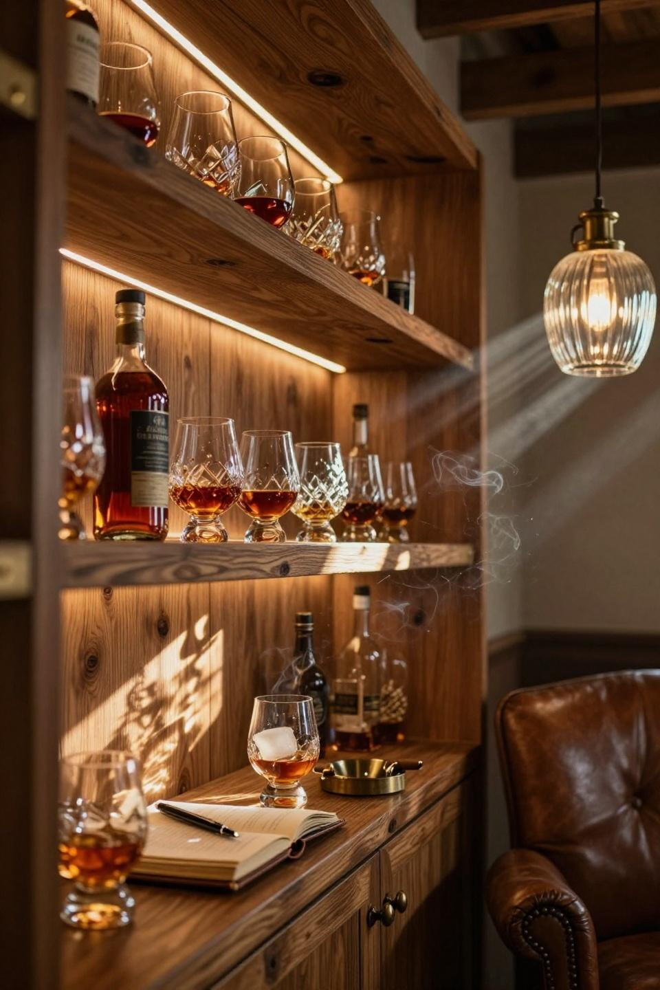 napa barn gentleman's lounge with built-in smoked oak whiskey shelves and led backlighting creating amber glow