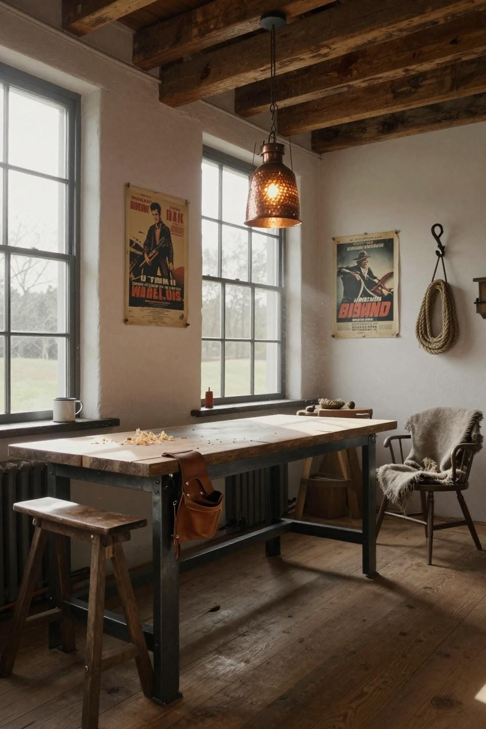 scandinavian barn workshop with blackened steel workbench and whitewashed timber walls under afternoon light