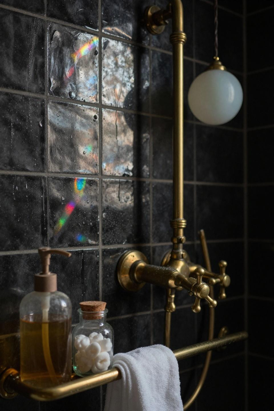 bathroom dark walls with vintage brass shower fixture and charcoal zellige tile