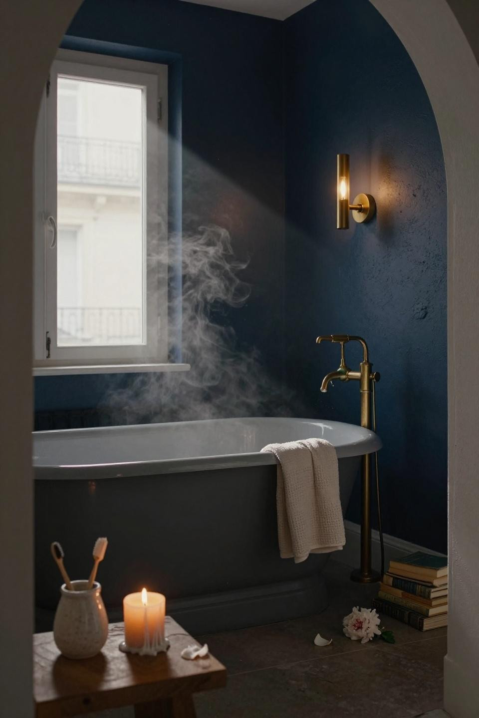 dark bathroom ideas modern with navy walls and aged bronze floor-mounted filler