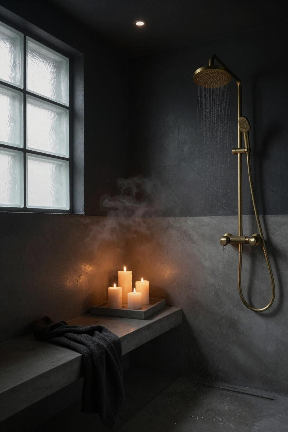 bathroom dark walls with pale grey micro-cement shower and concrete bench