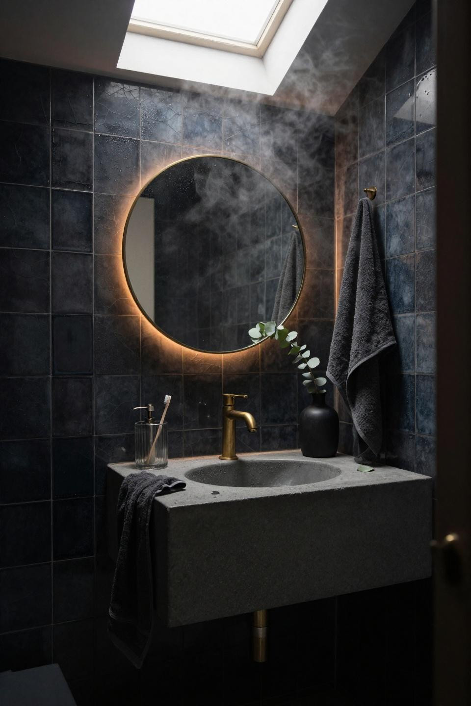 dark downstairs toilet with circular brass mirror reflecting charcoal tile and concrete vanity