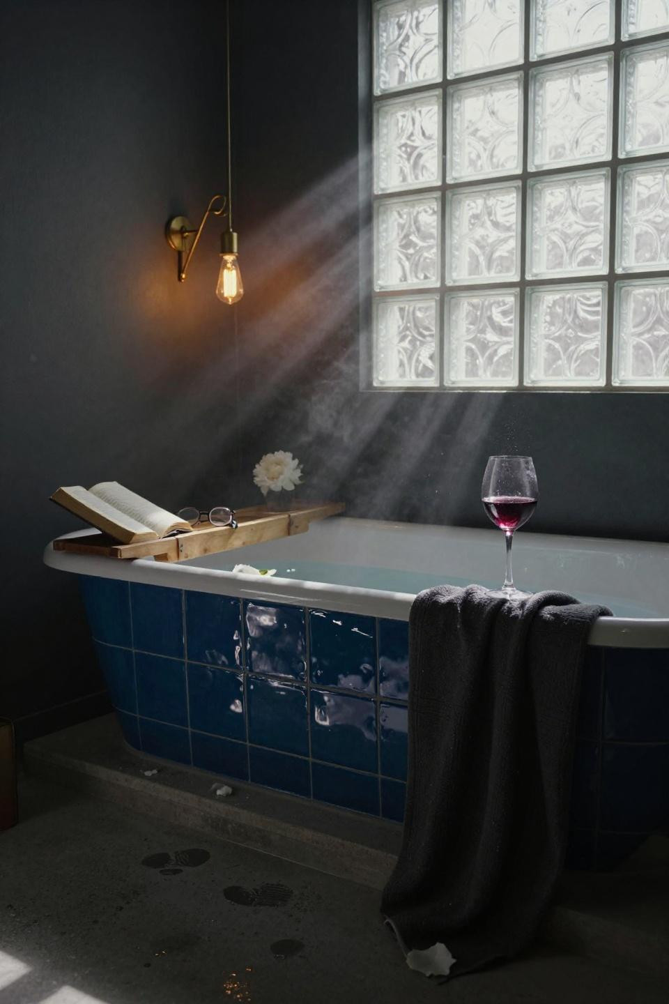 small dark bathroom with sunken bathtub featuring ocean blue tile and brass lighting
