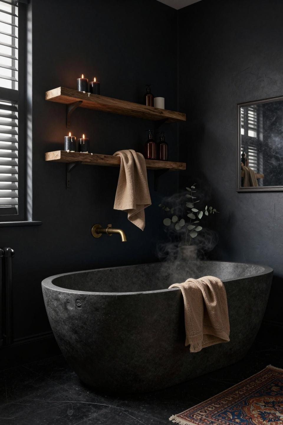dark moody bathroom ideas with graphite stone resin tub and oak beam shelving