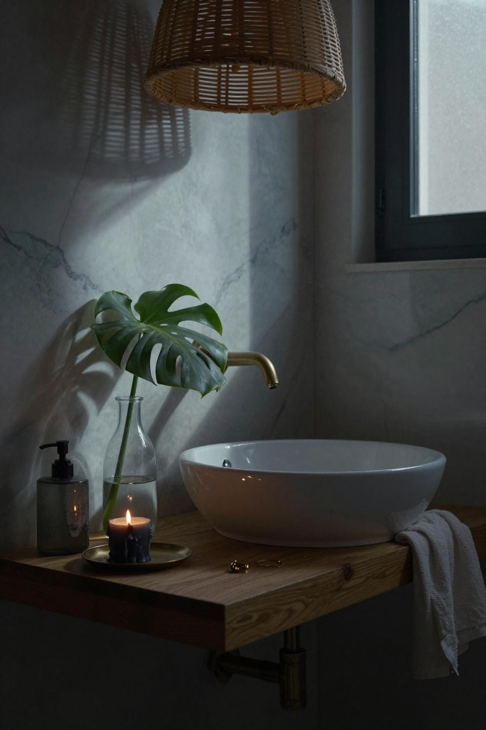 dark color bathroom ideas with semi-recessed basin on timber shelf near marble walls