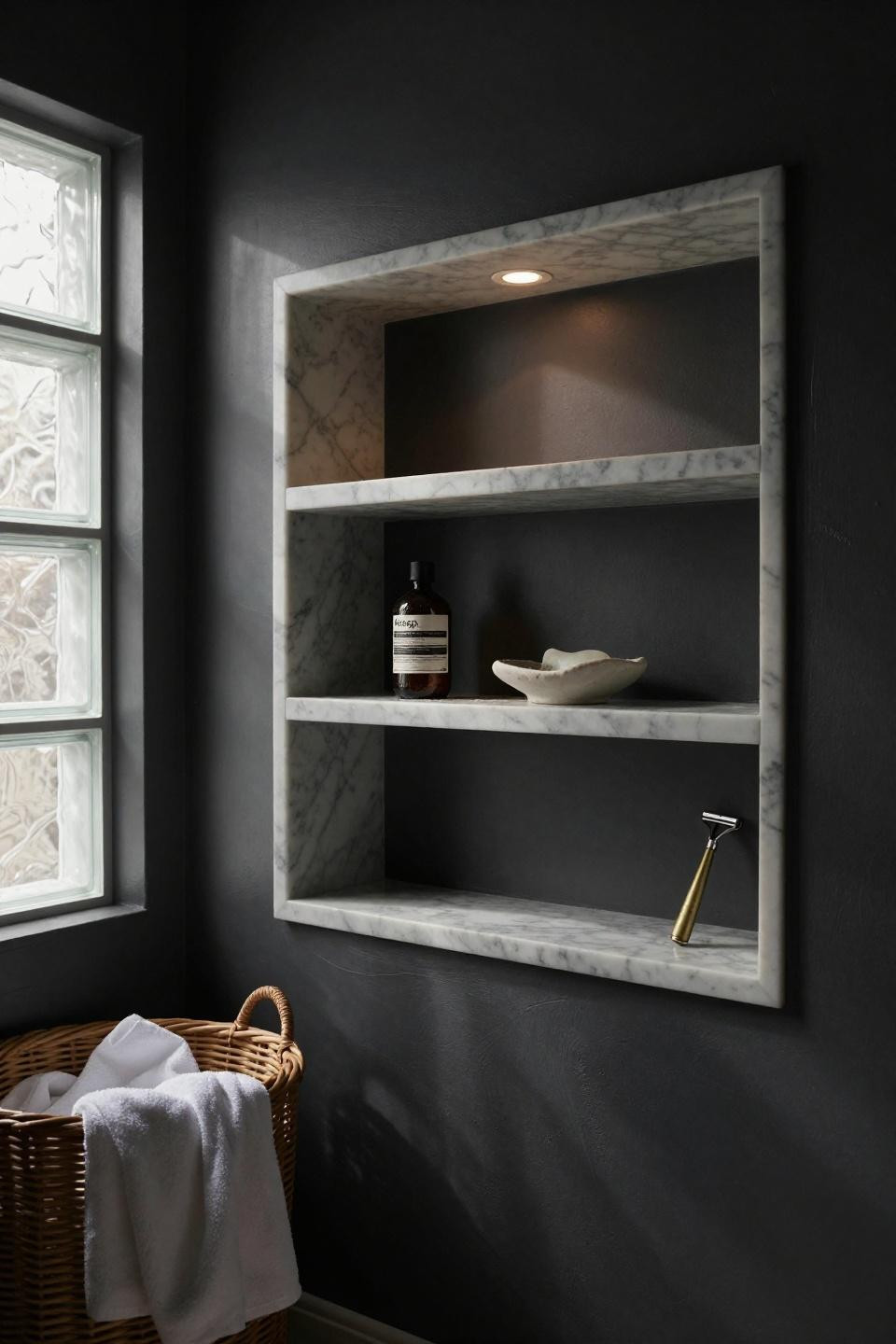 moody small bathroom with built-in marble shower niches against charcoal walls